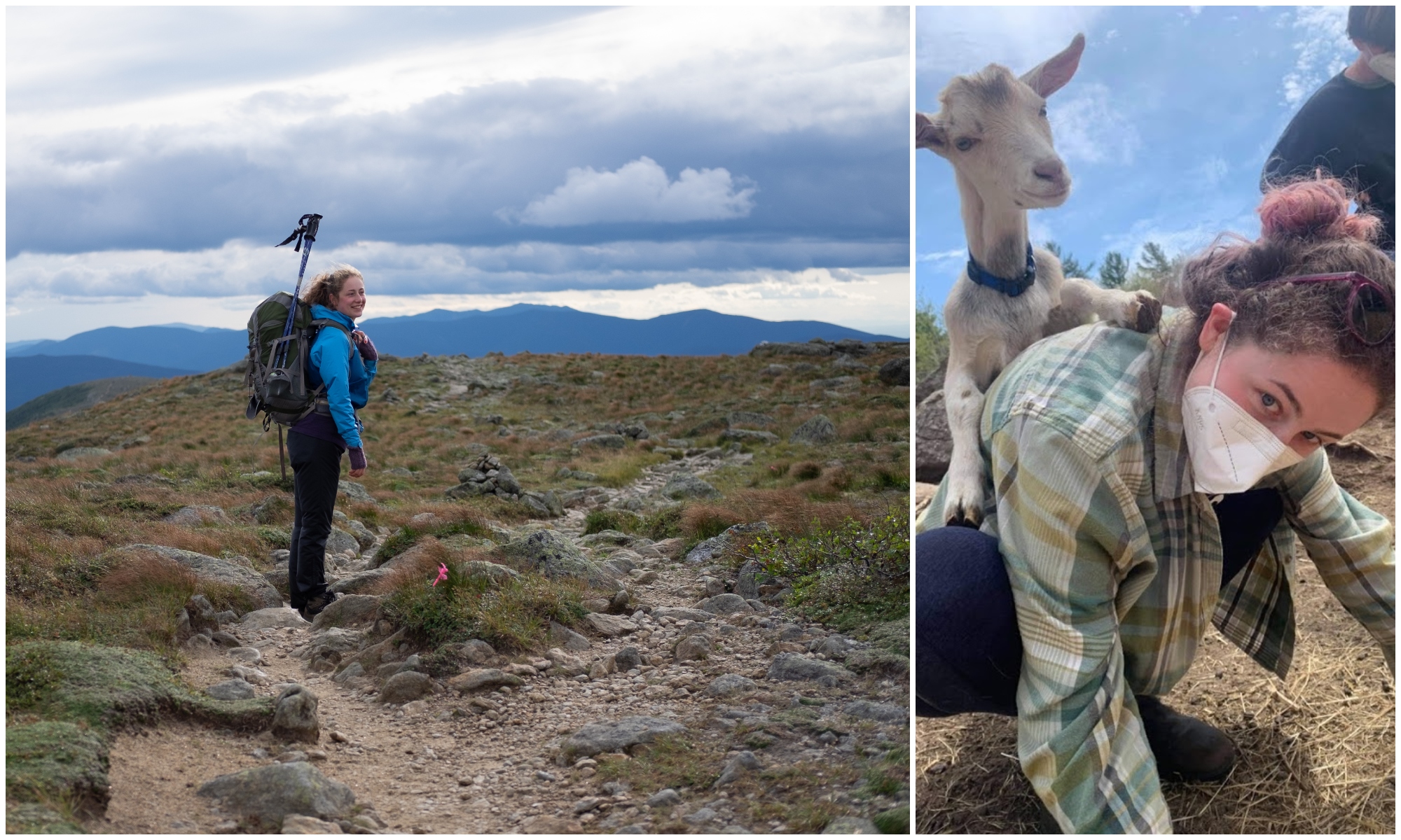 Banner image with two parts. Left, a white woman hiking, right the same woman crouched with a goat climbing on her back.
